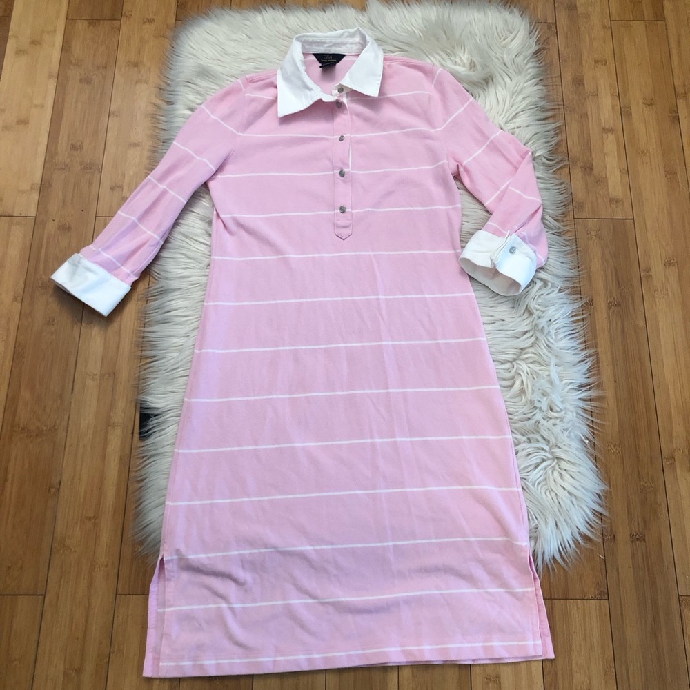 Brooks Brothers 346 Pink White Stripe 100% Cotton Lomg Sleeves Polo Dress, sz S